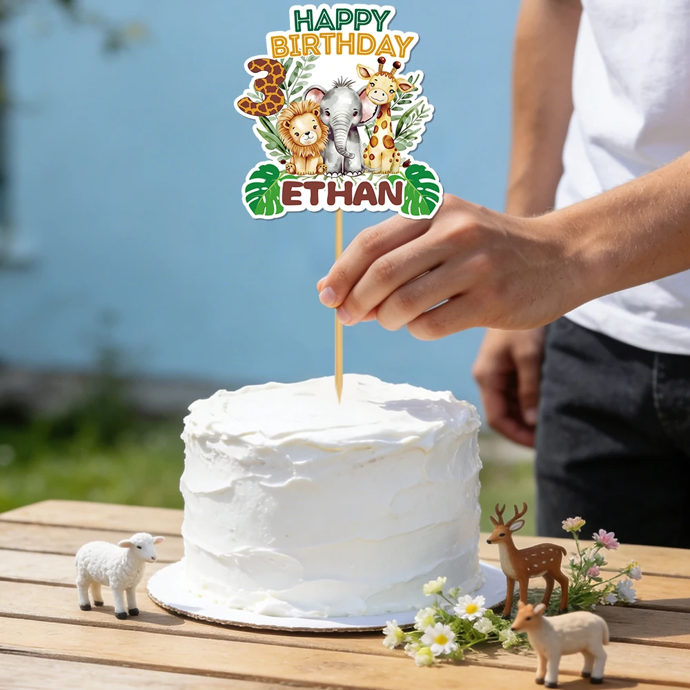 1pcs Personalized jungle animal green plant cake Topper customizable with names and age Birthday Celebrations party decoration