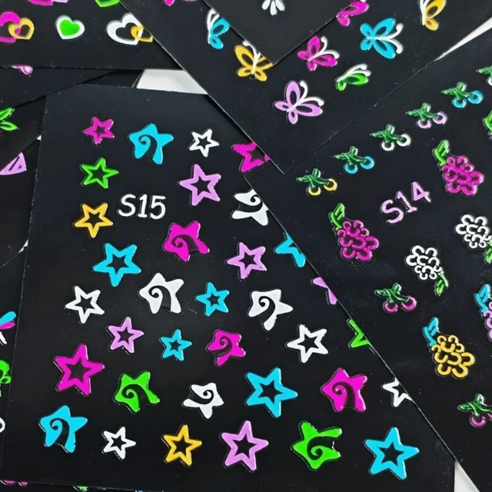 Glittery 3D Nail Stickers Fluorescence Glossy Glow In The Dark Nail Stickers Colorful Floral Design Neon Nail Stickers