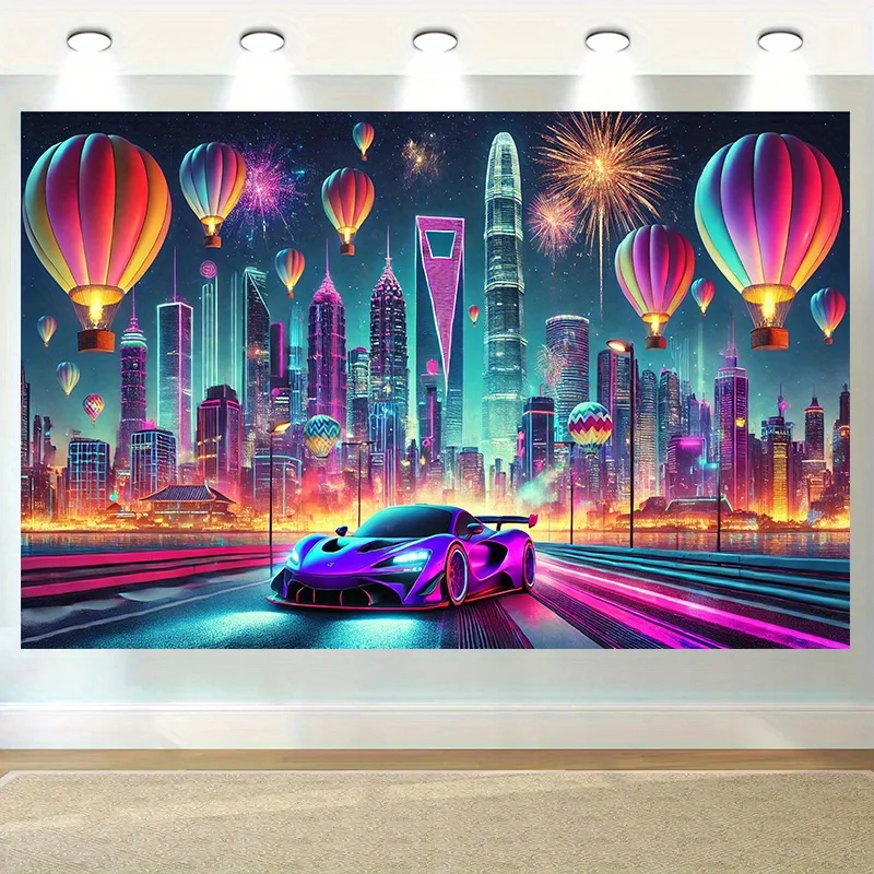 Neon City Tapestry - Futuristic Skyline with Supercar, Hot Air Balloons , Cyberpunk Wall Art, Polyester, Multiple Sizes