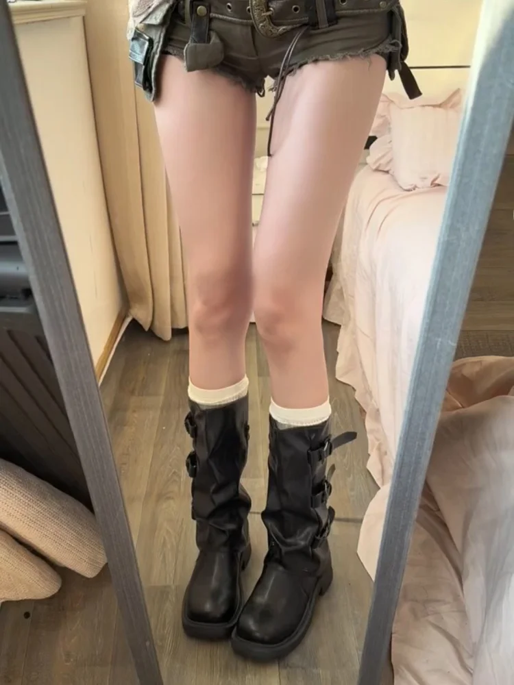 

Fashionable Thick Bottomed Belt Buckle Knight Boots Women's Autumn Winter High Top PU Leather round Toe Rubber Outsole Boots