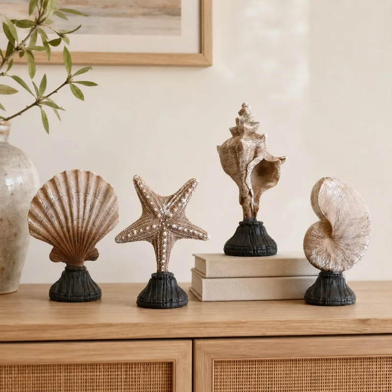 Vintage Marine Life Model Statue Resin Shell Starfish Conch Figurine Home Decoration Crafts Office Desktop Bookshelf Ornament