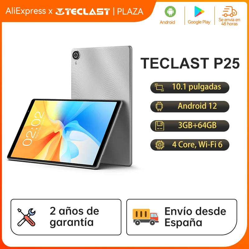 Teclast P25T tablet, Android 12 10,1 inch, 64 bit processor, Wi-Fi 6, GE8300 GPU, 3GB RAM, 64GB ROM, 2.4G & 5G Wi-Fi, thin and lightweight metal body, 2MP & 5MP camera, 5000mAh, Type C