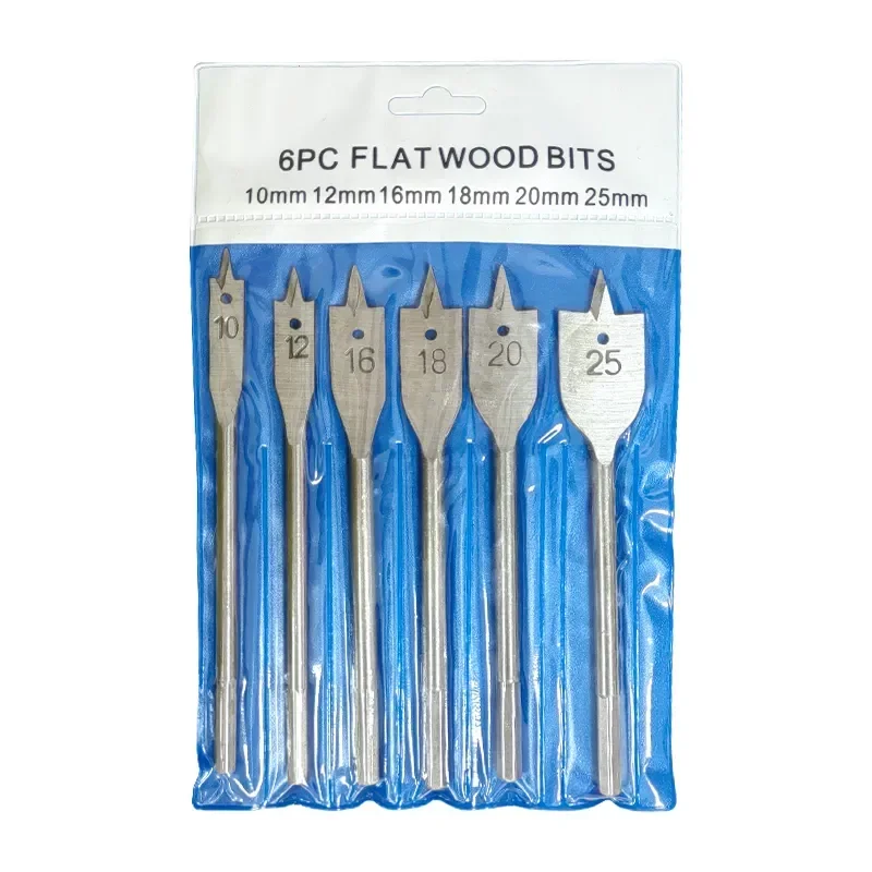 

6pc Natural Color Three Pointed Flat Drill Hexagonal Handle Woodworking Hole Opener Wooden Board Drilling Bit Tool Set Deburr