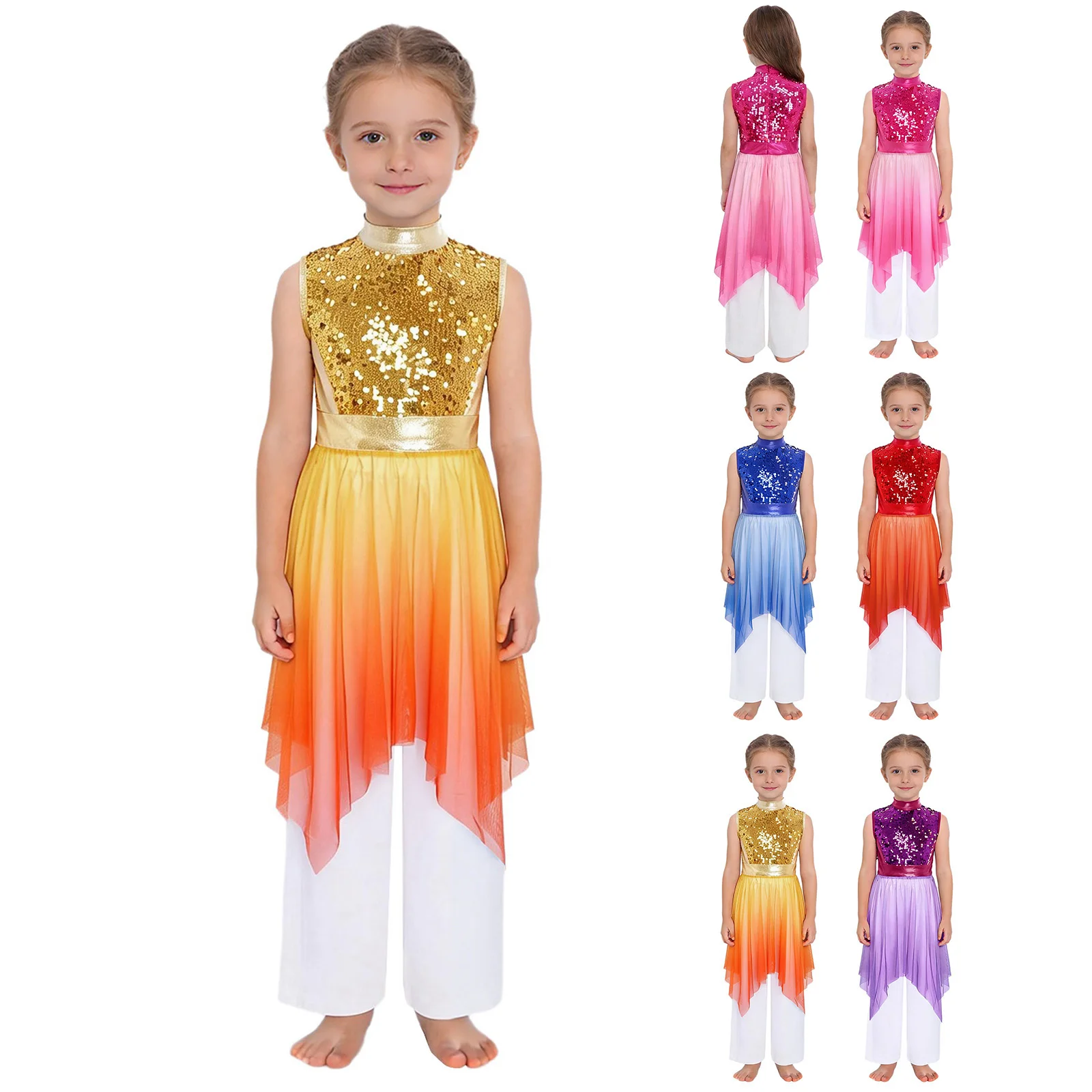 6-16Y الفتيات العبادة الثناء الليتورجي جوقة أداء زي أكمام الترتر صد تونك فستان رقص غنائي مع السراويل #3