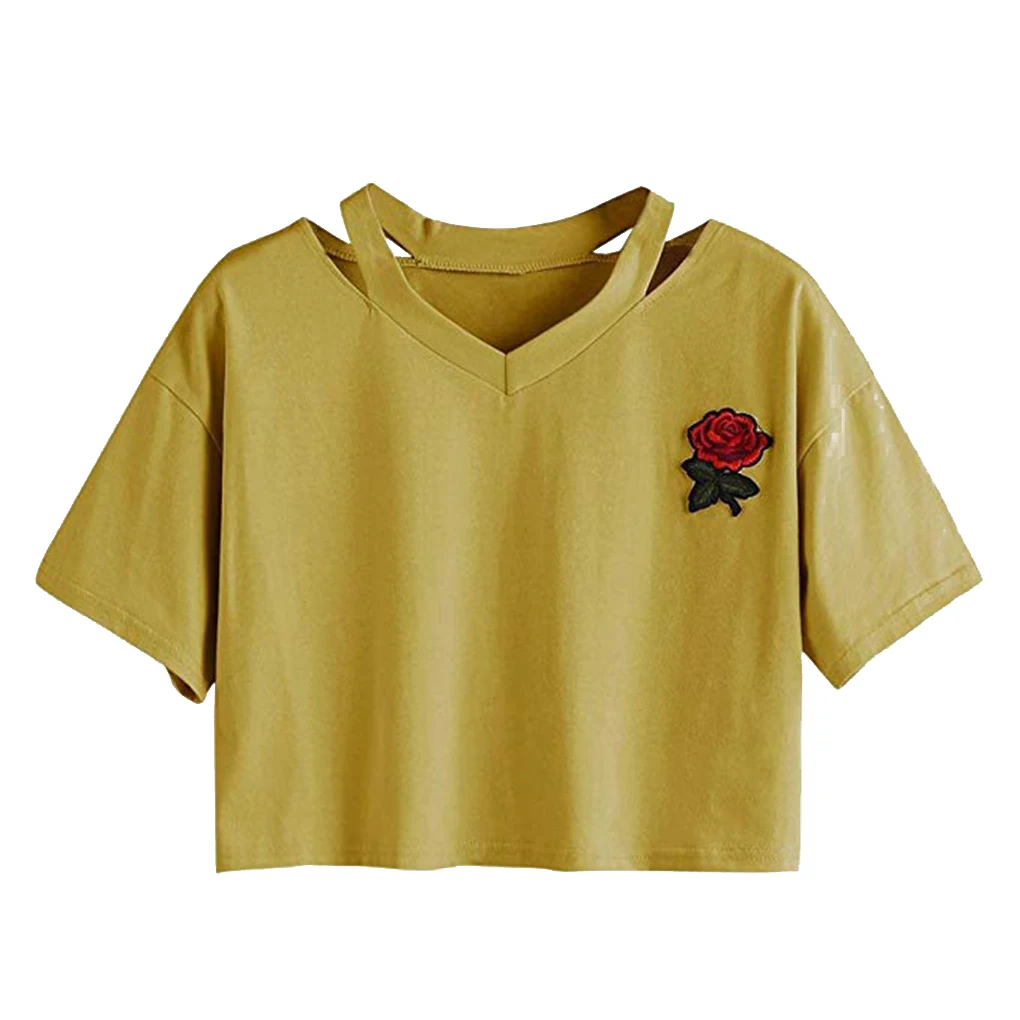 Damska seksowna bluzka z krótkim rękawem, dekoltem w serek i haftowanymi różami, top dla dziewczyn