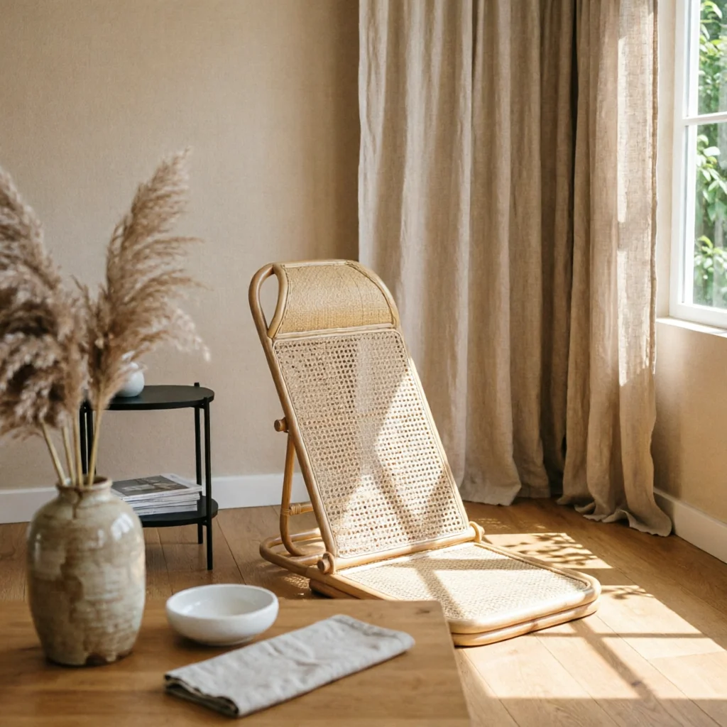 Rattan Floor Chair Retro Design Folding Rattan Lounge Chair Adjustable Floor Lounger Space Saving Foldable Wicker Lounge Seat
