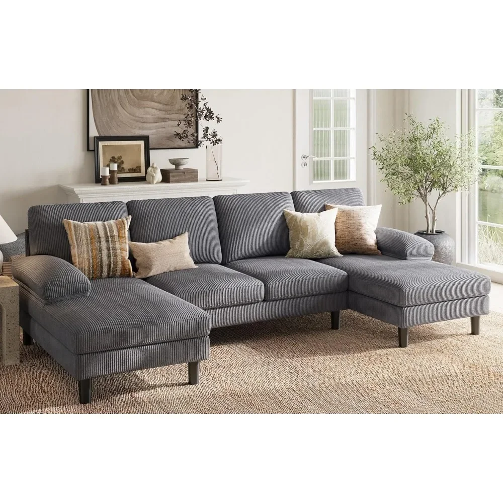 Convertible Sectional Sofa with Double Chaises and Sleepable Armrests, 4-Seat Corduroy U-shaped Couch, SofaLiving Room Sofas