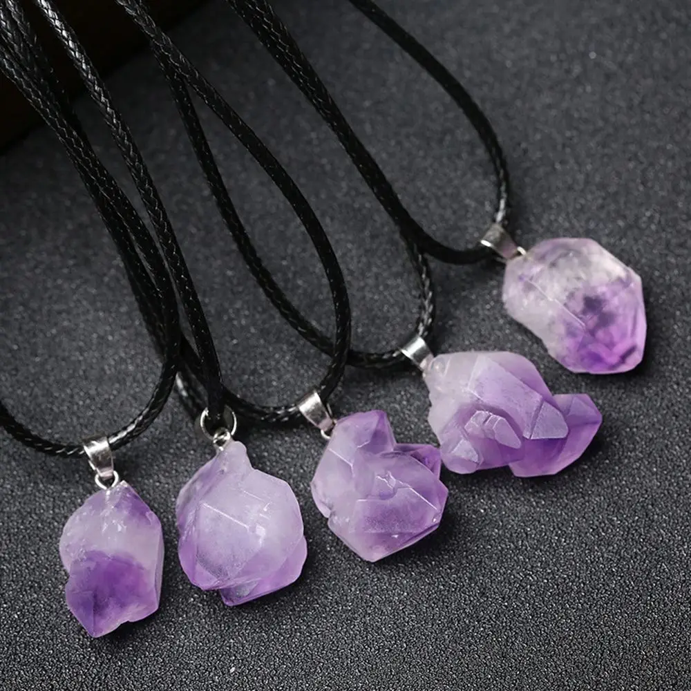 Amethyst Leather Rope Jewelry Gift Raw Stone Geometry Clavicle Chain Crystal Necklace Female Necklace Korean Style Jewelry