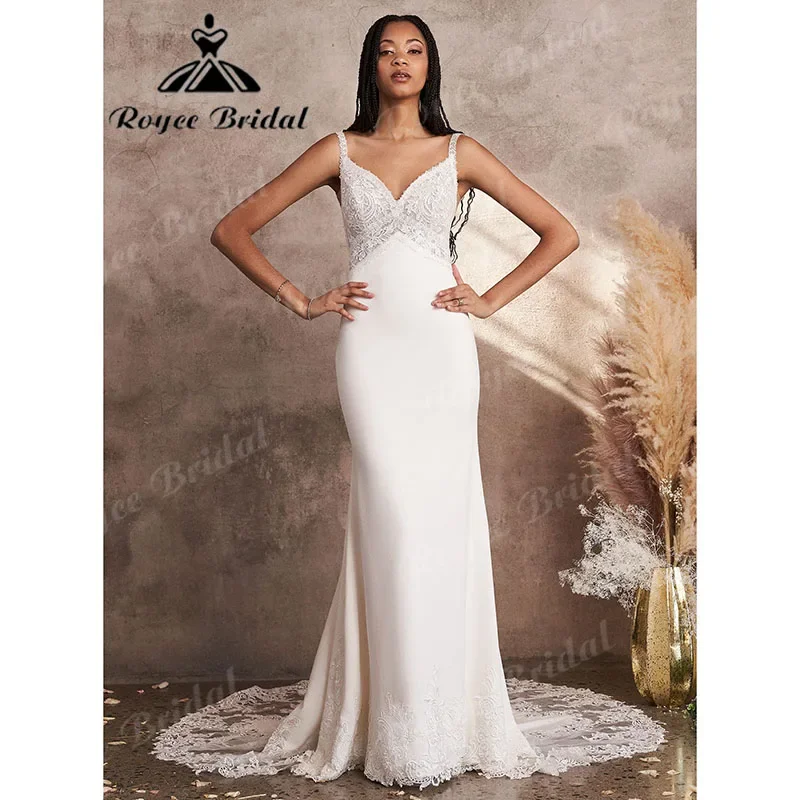 Roycebridal الدانتيل يزين الخامس الرقبة لينة الساتان السباغيتي الأشرطة حورية البحر/البوق بوهو فستان الزفاف الوهم رداء mariée Sirene