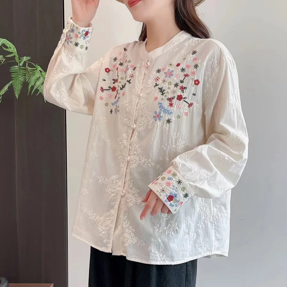 New Autumn Retro Cotton Shirt, Women Embroidery Long Sleeve O Neck, Mori Girl Loose Versatile Casual Blouse, Winter T40713CC