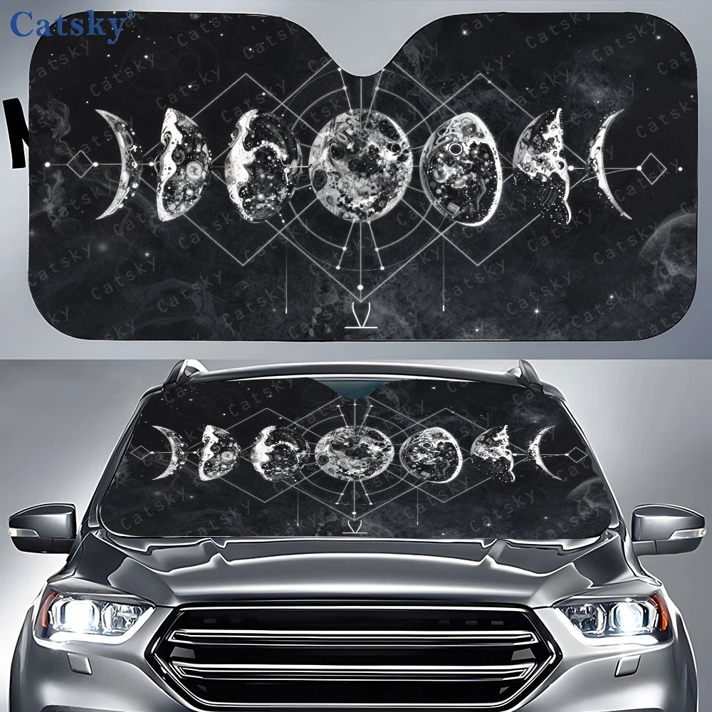 Black And White Illustration Of The Phases Of The Moon Car Auto Sunshades Car Sunshade, Front Window Sun Cover For Car, Auto Sun