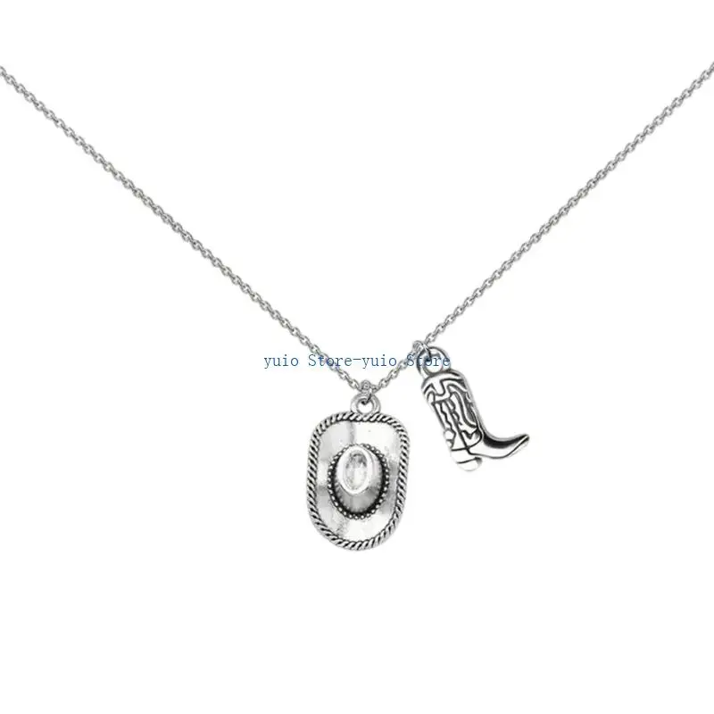 

X7XB Edgy Cowgirl Boot Hat Charm Necklace Retro Silver Jewelry for Trendsetters Women