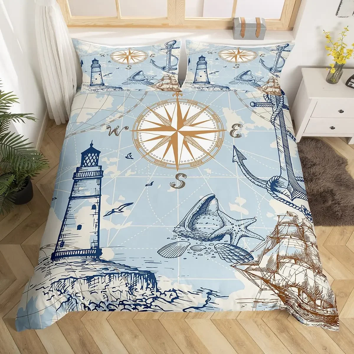 Nautical Anchor Duvet Cover Set Vintage Sail Boat Lighthouse Bedding Set Conch Starfish Seashell Ocean Wave Comforter Cover King