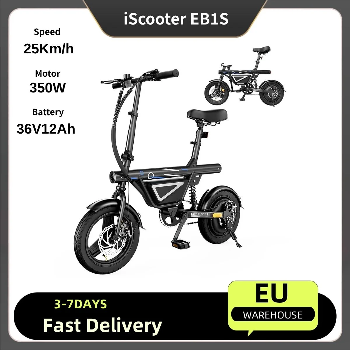 Image of Elektrofahrrad Iscooter Eb1S 25 km/h Höchstgeschwindigkeit 30-50 km Reichweite 36V12Ah Batterie 14 Zoll Reifen APP-Steuerung Stoßdämpfer Klappbar