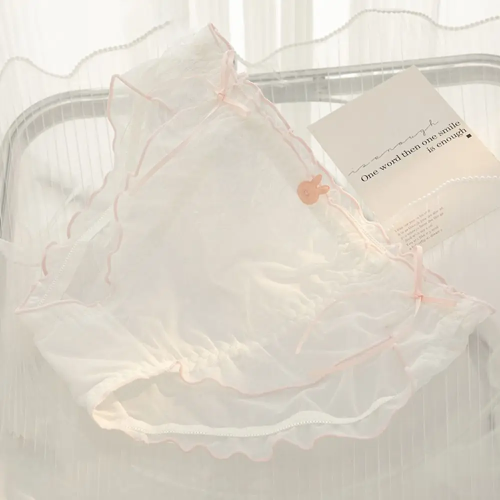 

Cotton Crotch Ruffles Bow Ribbon Briefs Lace Quick-drying Transparent Panties Mesh Japanese Style Breathable Underwear Daily