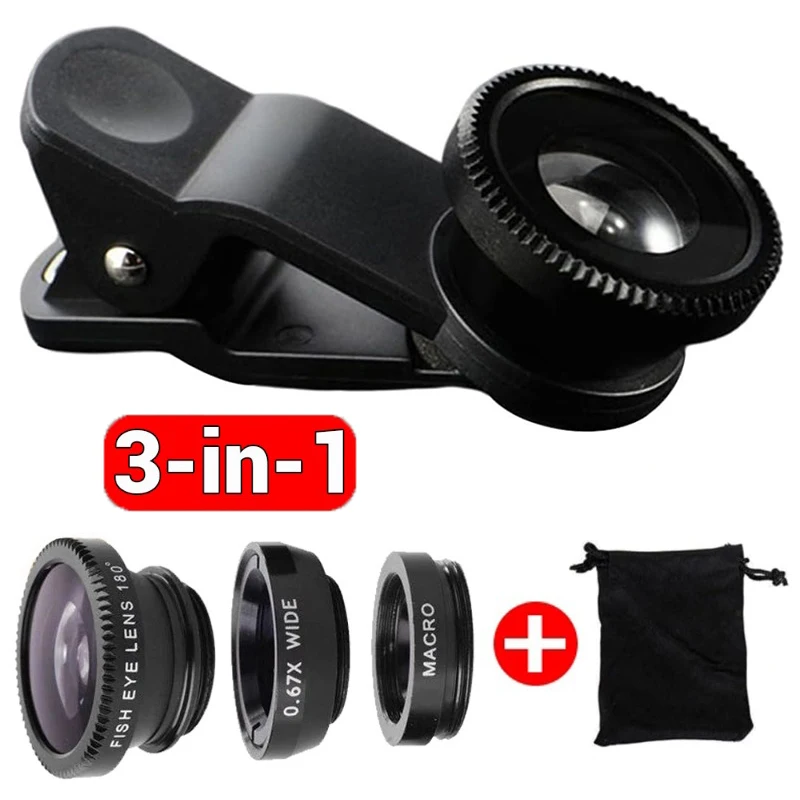 3 in 1 Fisheye Lens 0.67X Wide Angle Micro Camera Lens for iPhone Angle Zoom Fish Eye Len on Smartphone Lenses with Phone Clip