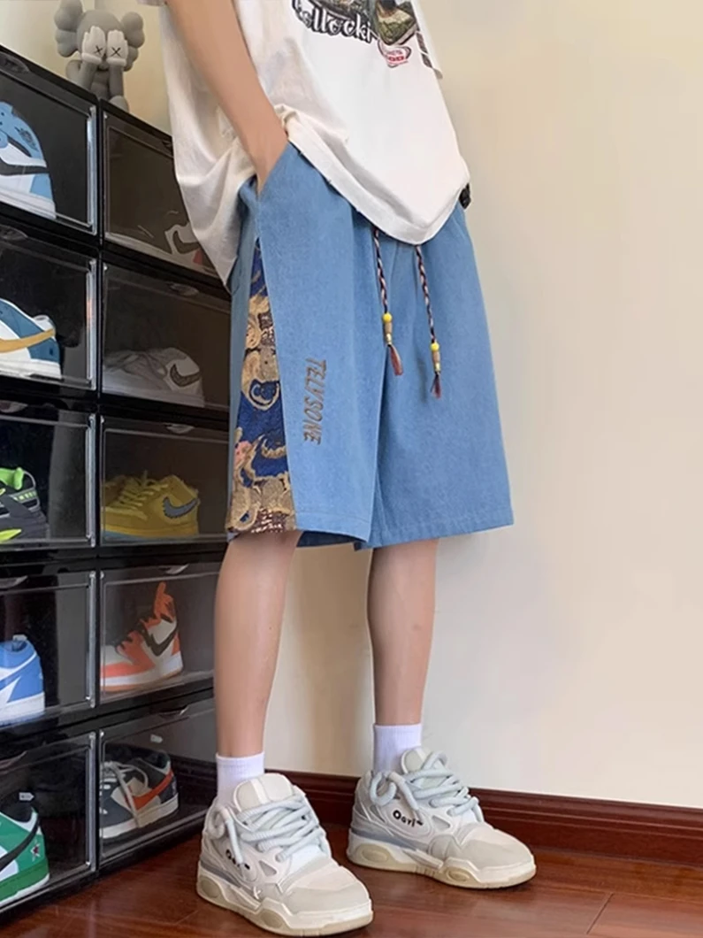 

Летние мужские джинсы с пэчворк-дизайном, вышивкой, укороченные (до колена), с низкой посадкой, на шнурке, повседневные, молодежные, модные