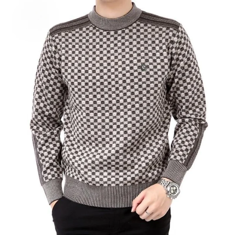 

Autumn Winter New Sweaters Men O-Neck Thicken Plaid Jacquard Weave Smart Casual Long Sleeve Loose Warm Pullovers Knitted Tops