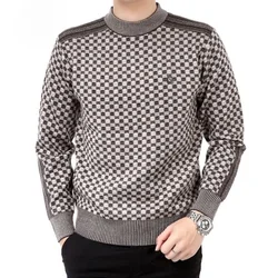 Herfst Winter Nieuwe Truien Mannen O-hals Dikker Plaid Jacquard Weave Smart Casual Lange Mouw Losse Warme Truien Gebreide Tops