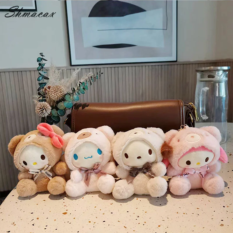 12CM 어린이를위한 귀여운 Sanrio 플러시 키 체인 헬로 키티 펜던트 Kuromi 만화 열쇠 고리 배낭 장식 선물 소녀 장난감