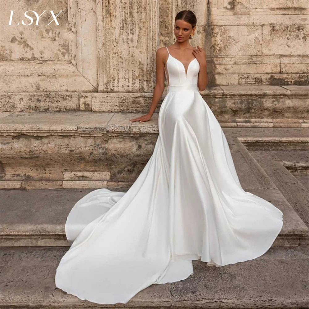 LSYX abito da sposa in raso con scollo a V e fiocco senza maniche semplice per le donne a-line Illusion Back Floor lunghezza abito da sposa su misura