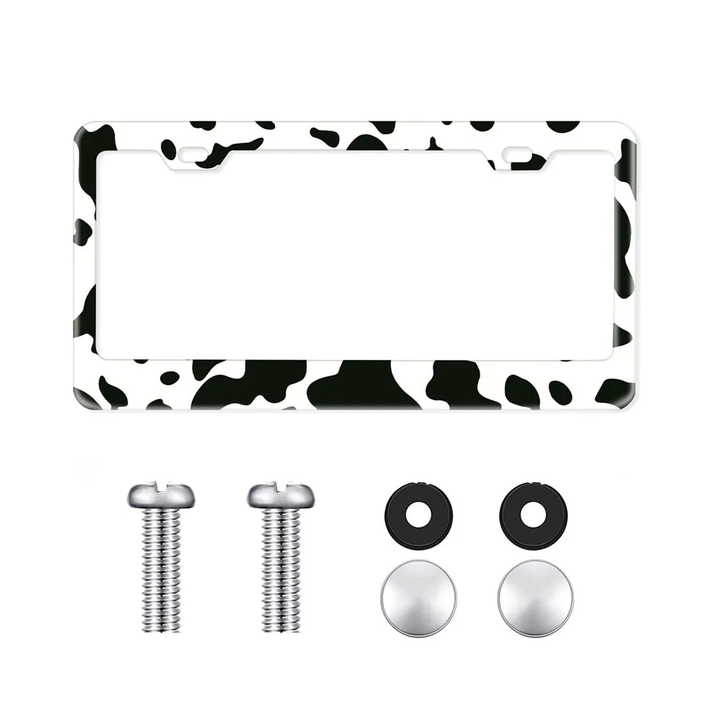 

Cow Print License Plate Frame Watercolor Holder Stainless Steel Auto Parts black white License Plate