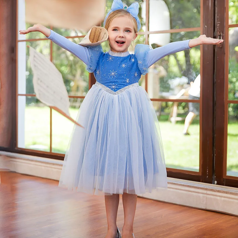 

Autumn Girl Long Sleeves Princess Dress Snowflake Sequins Children Mesh Blue Puffy Tulle Skirt For Birthday Party Sweet Clothes