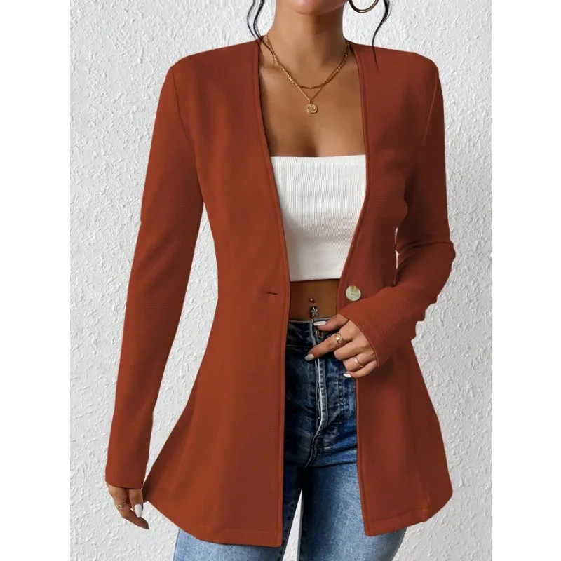 سترة عصرية على الطراز الكوري الجديد برقبة على شكل حرف V بزر واحد بلون سادة وأكمام طويلة
