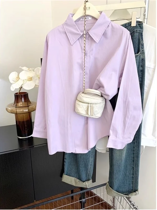 

Лавандово-фиолетовая женская рубашка с длинными рукавами, верхняя одежда свободного кроя, базовый слой, защита от солнца, утягивающий эффект, повседневный стиль, весна-осень