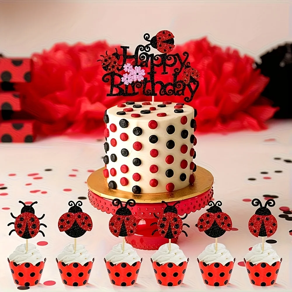 Ladybug Cupcake Toppers Flowers Insects Cupcake Picks Garden Theme Baby Shower Kids Birthday Party Cake Decorations Supplies - view 5