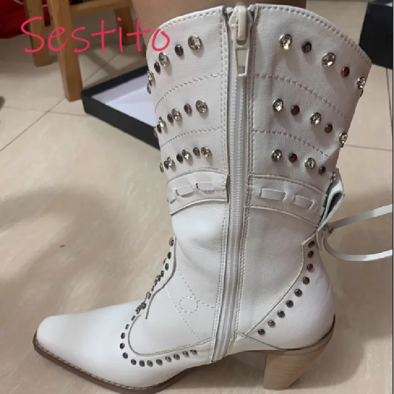 

Mid Rise Boots for Women Summer New Style Thick Heel Side Zipper Rivets Vintage Boots High Heels White Punk Style Short Boots