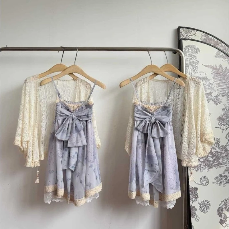 2000s Japanese Kawaii Lolita 2 Piece Dress Sets Y2k Elegant Cardigan + Sweet Sexy Bow Lace One Piece Dress Korean Harajuku Suits