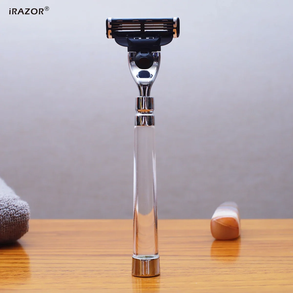 IRAZOR Safety Razor for Men, Manual Cartridge Grooming Shaver, Clear Premium Acrylic Handle, Mach 3 Blade Refill