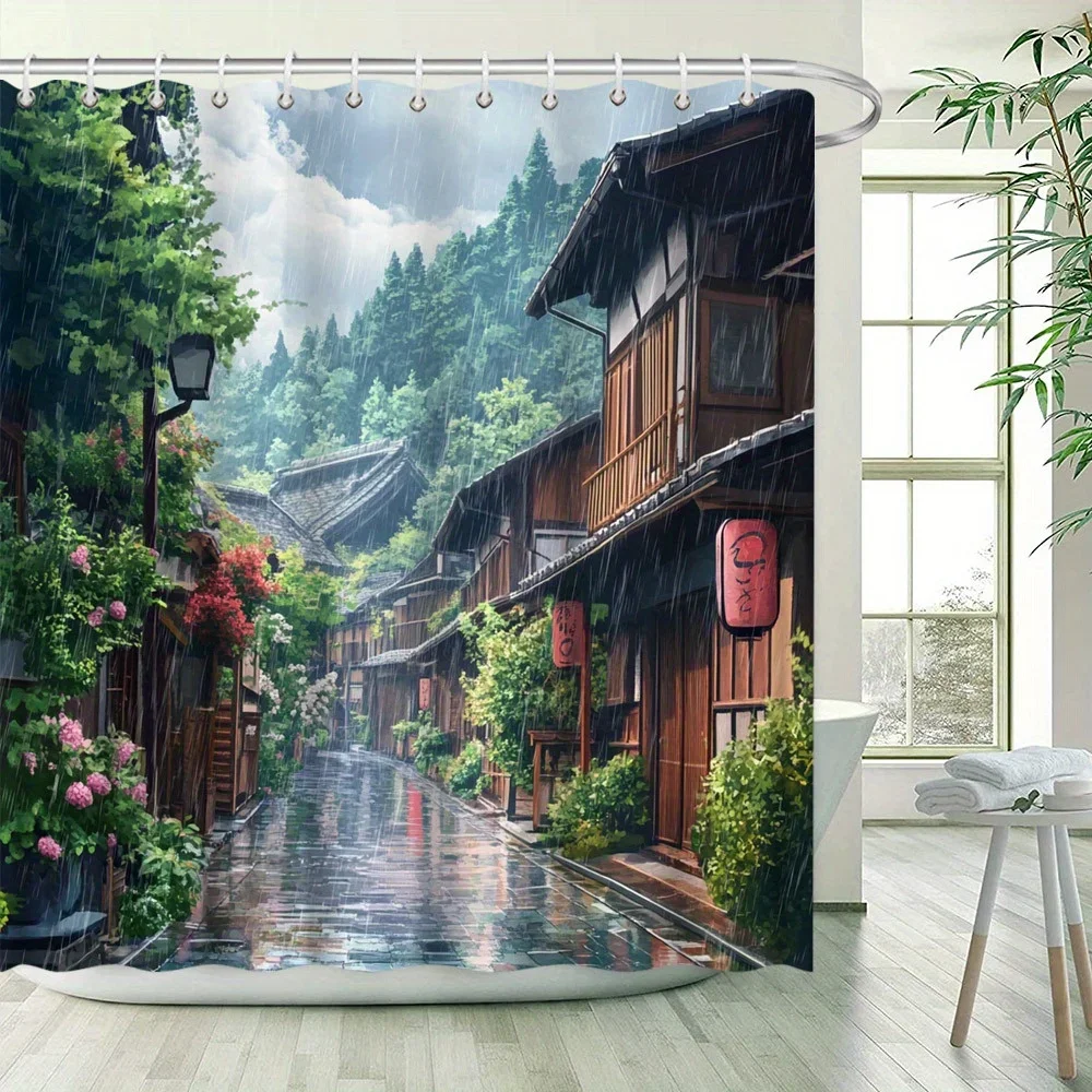 Rideau de douche Anime Village japonais, bâtiments en bois et lanternes rouges, Polyester, 12 crochets, décor de bain tranquilique