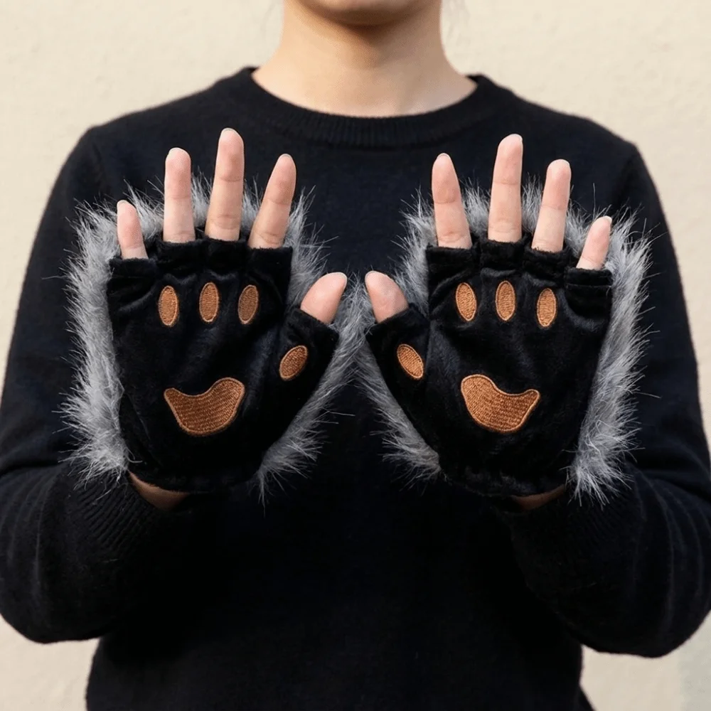 Fashion Polyester Halloween Gloves Wolf Claw Half Finger Bear Paw Gloves Fluffy Cosplay Costume Cat Paw Mittens Male/female