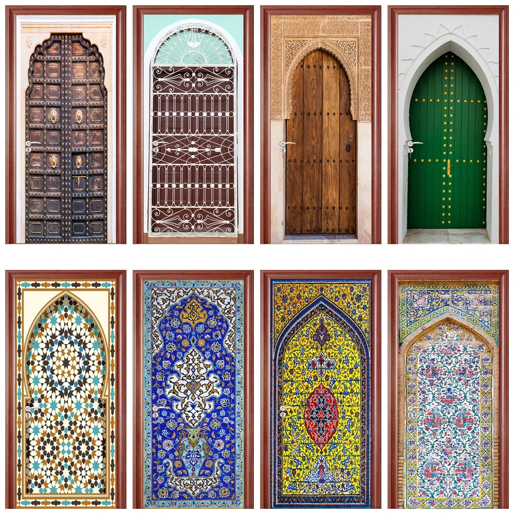 

Arabic Oriental Styled Door Shape Mural Cover Sticker Peel and Stick Traditional Facade Decoration of Agha Mosque Door Art Decal