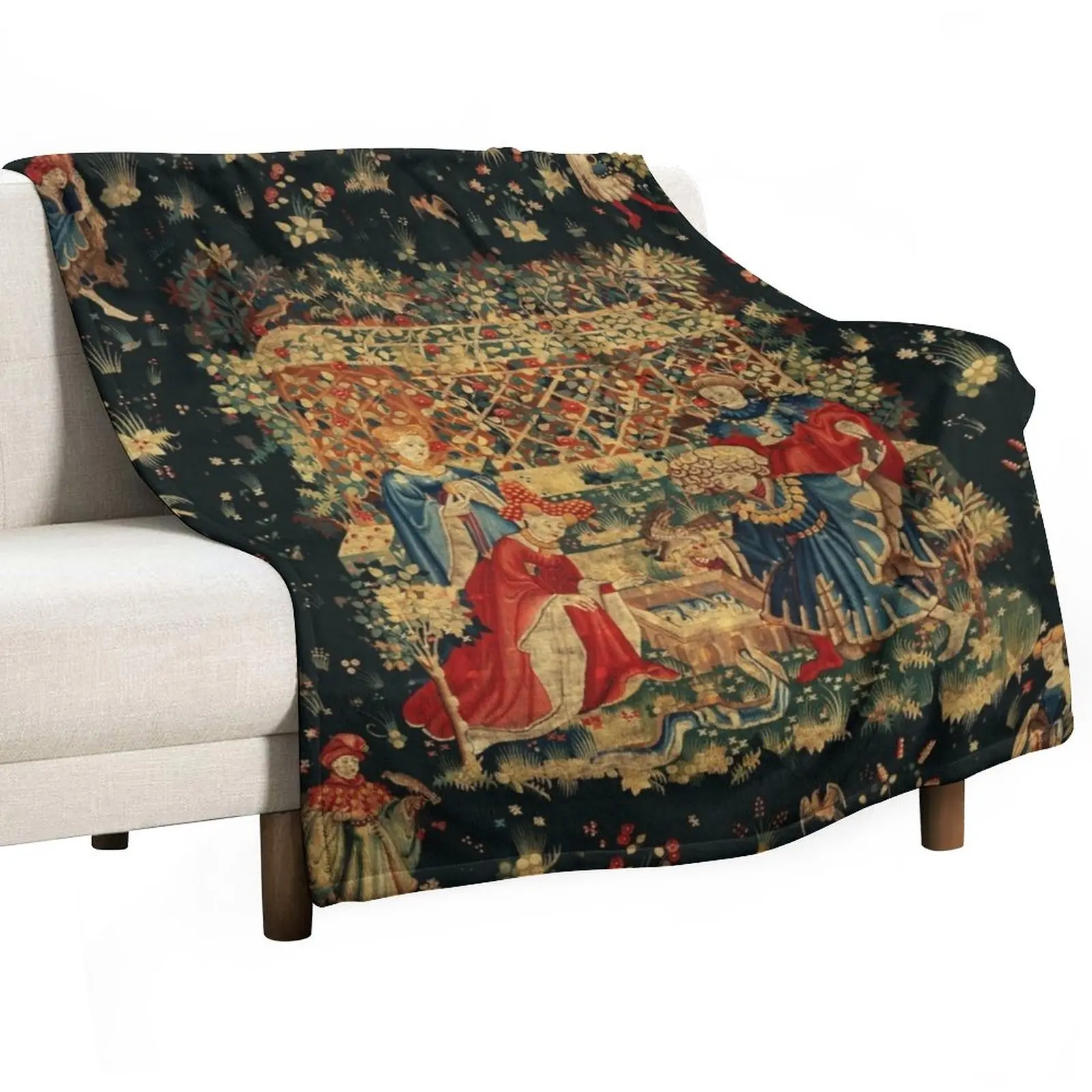 FALCONS BATH Red Blue Antique Medieval Tapestry,Court Figures,Birds, Flowers ,Rose Trellis Throw Blanket Loose Blanket