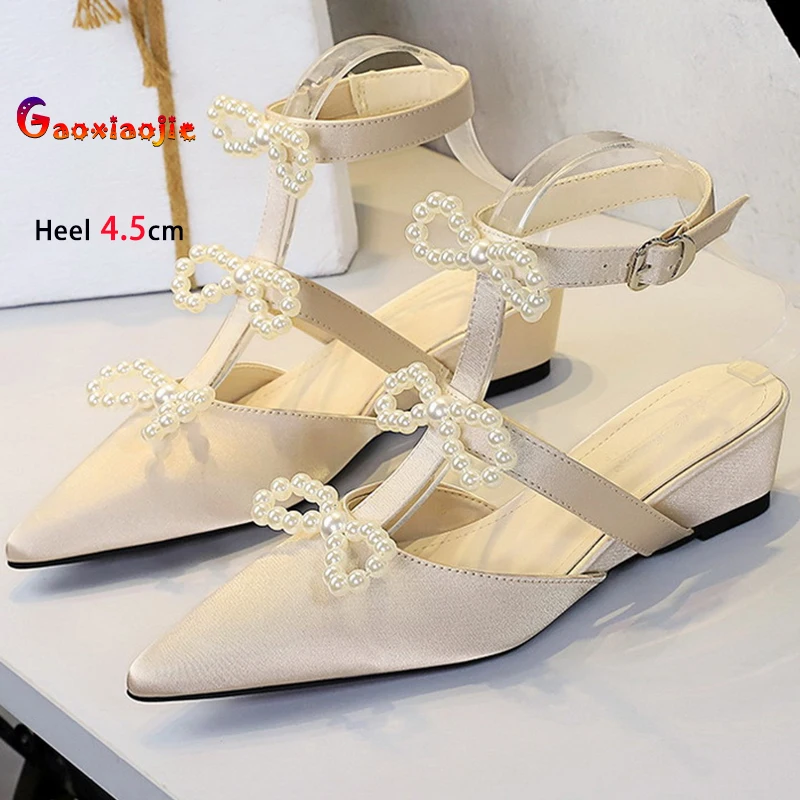 

Абрикосовые женские туфли на среднем каблуке с жемчужным бантом 4,5 см. Туфли на танкетке с острым носком. Женские туфли-лодочки с ремешком на щиколотке и пряжкой. Туфли для вечеринок.