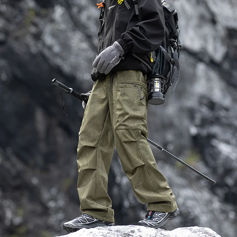 

Men's Winter Outdoor Fleece Lined Work Trousers Loose Casual American Style Paratrooper Pants Functional Long Trousers