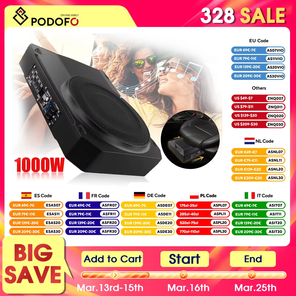 Podofo 10'' 1000W auto subwoofer audio hoogvermogen speaker 90dB onder de stoel SLIM woofer met kabel aangedreven subwoofer behuizing