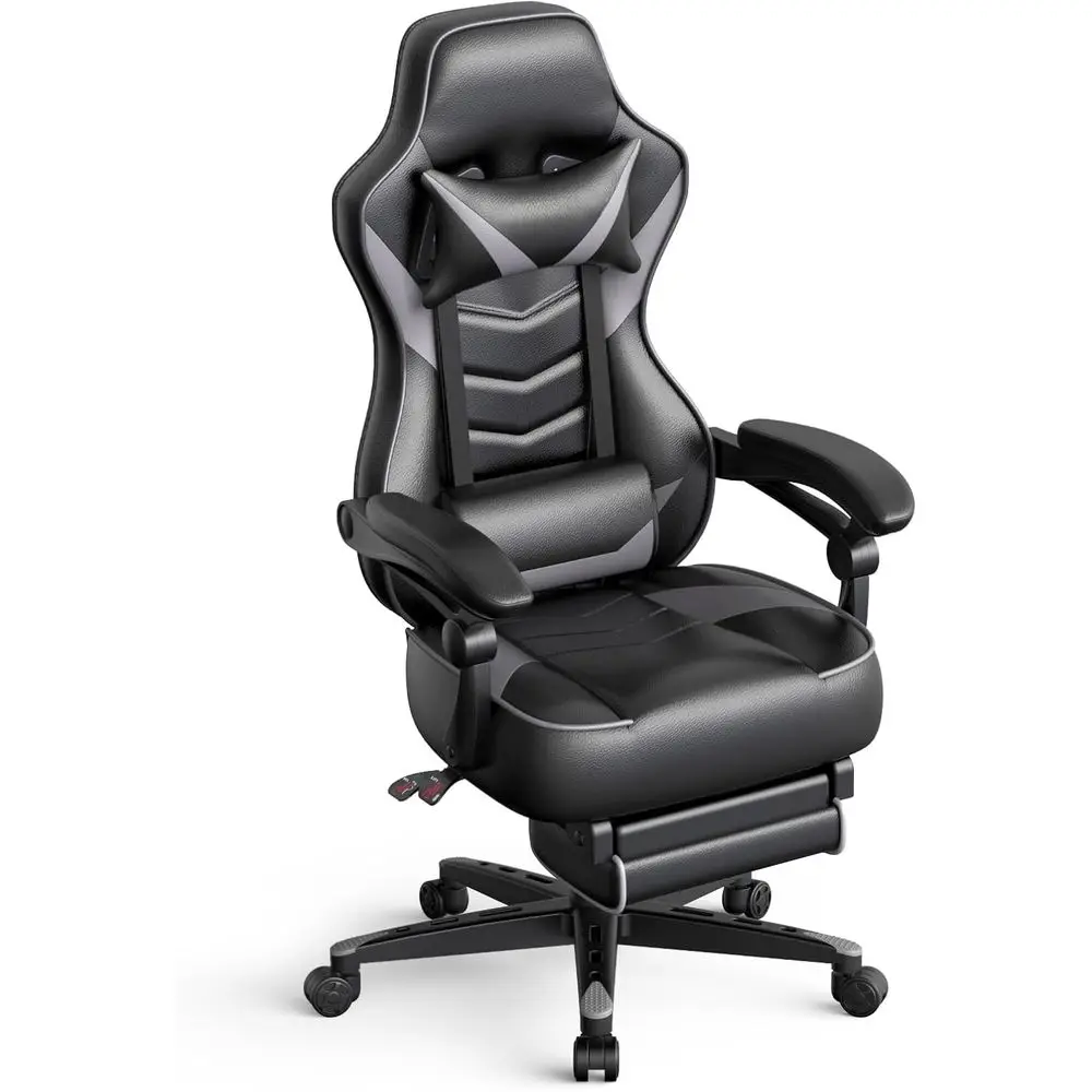 Ergonomic Swivel Gaming Chair with Adjustable Backrest, Seat Height, Footrest, and Lumbar Support, Gray