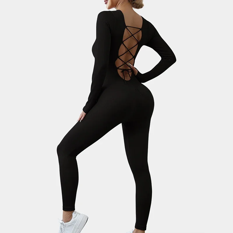 Black Jumpsuits Women Sexy Sport Bodysuits Longsleeve Gym Overalls Female Ribbed Fitness Romper Workout Clothes Sporty Jumpsuit