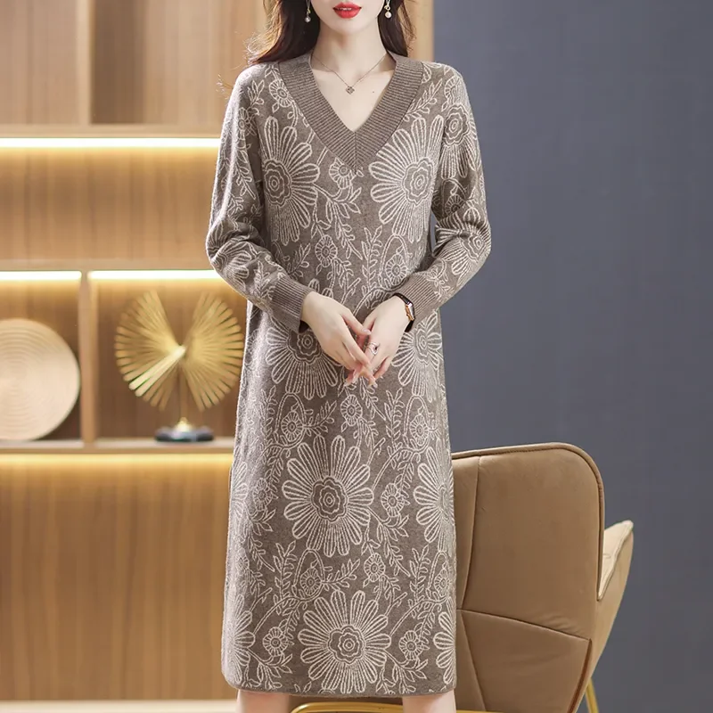 여성용 빈티지 프린트 브이넥 긴팔 니트 캐주얼 드레스 중간 길이 가을 겨울 드레스