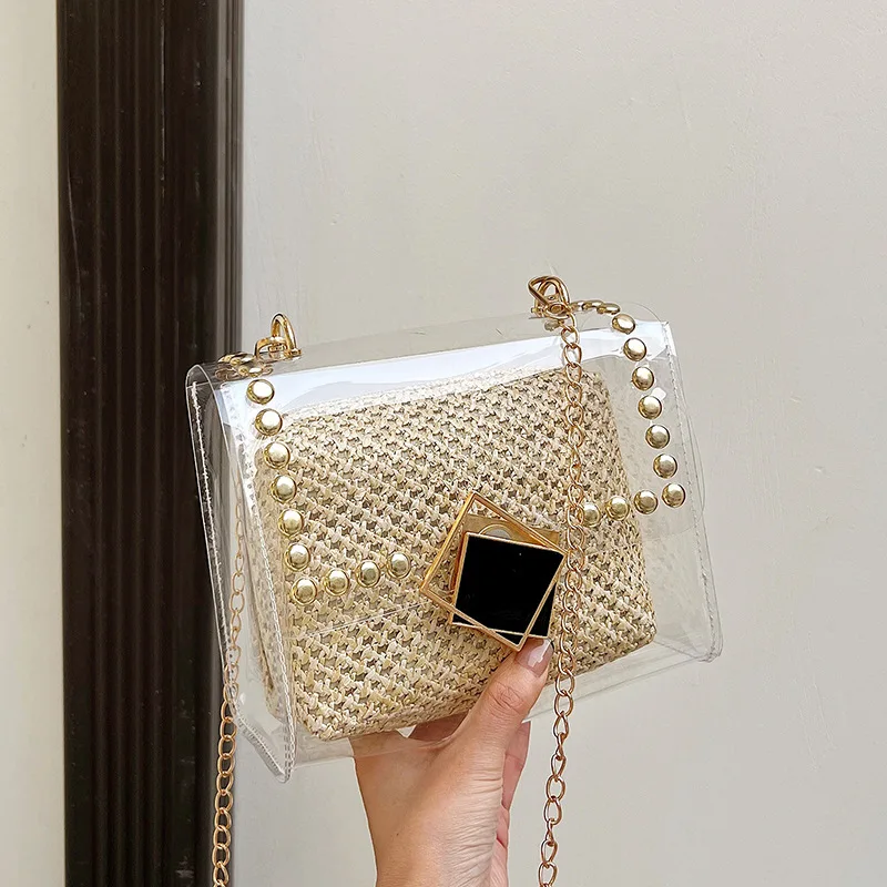 

Jelly Transparent Straw Bag Women's New Trendy Chain Weave Shoulder Crossbody Trendy Small Square Bag