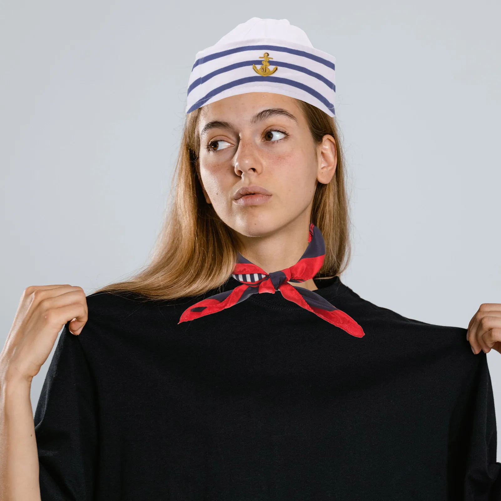 

Sailor Captain Costume Hat Scarf Set Lightweight Breathable Soft Cosplay Sailor Hat Prop for Dress Up Decoration Satin Bonnet