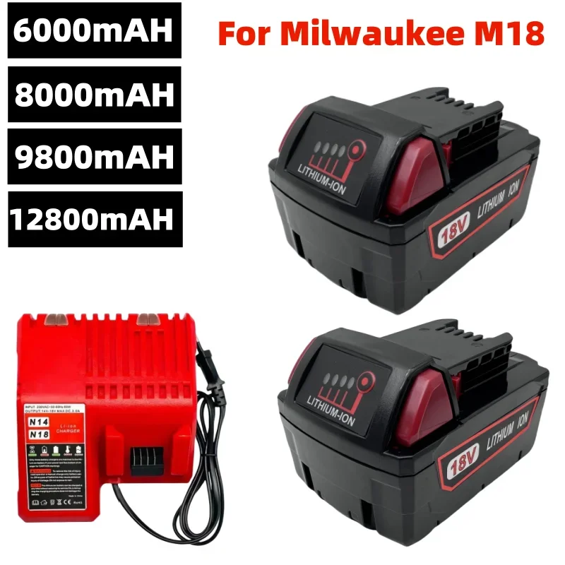 

For Milwaukee M18 Power Tool Battery, Charger, BR, XC, 18V, 6000mAh 9800mAH 12800mAH M18B5, 48-11-1860, Built-in 18650 Battery