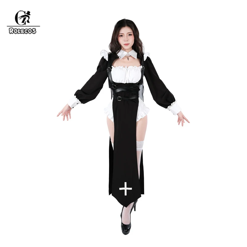 ROLECOS Nun Cosplay Costume Women Fancy Dress Set Halloween Party Roleplay Outfit Adult Nun Dress Black Fancy Cosplay Dress Up