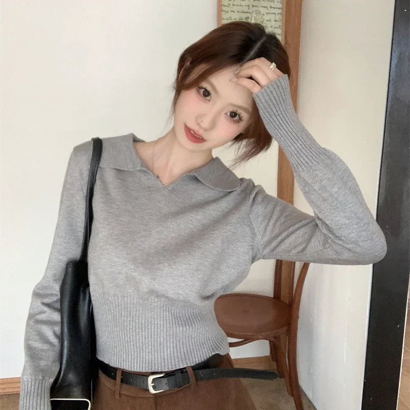 

Autumn and Winter Korean Women Tops Versatile Slim Polo Collar Thin Knitted Sweater Female Casual Solid Short Tops