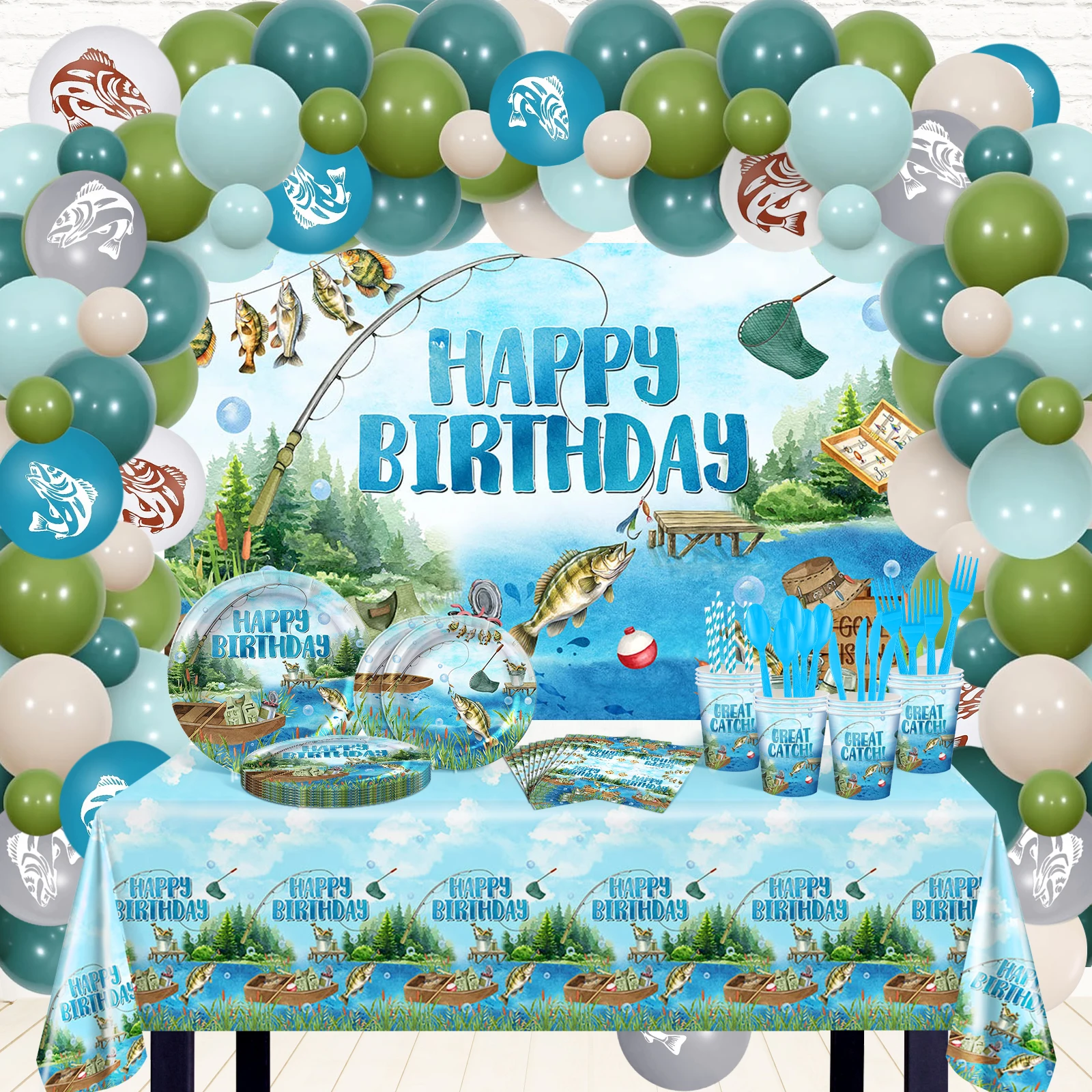 202 PCS Birthday Party Photography Background Set Decorations For Fishing Backdrop Balloons Tableware Set Party Supplies