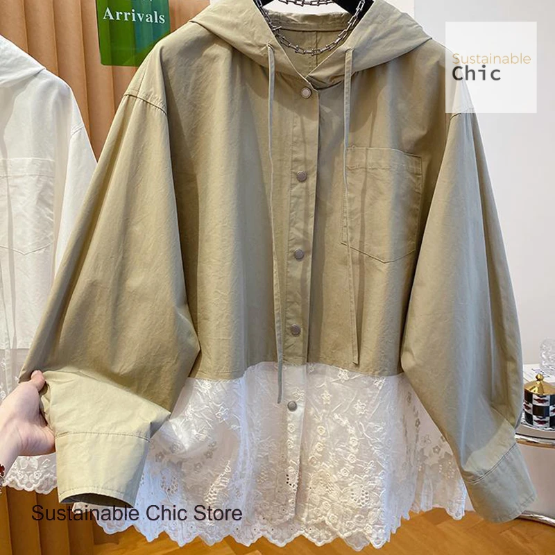 

French style fashion lace stitching hooded shirt female summer new loose temperament design loose long-sleeved shirt jacket.